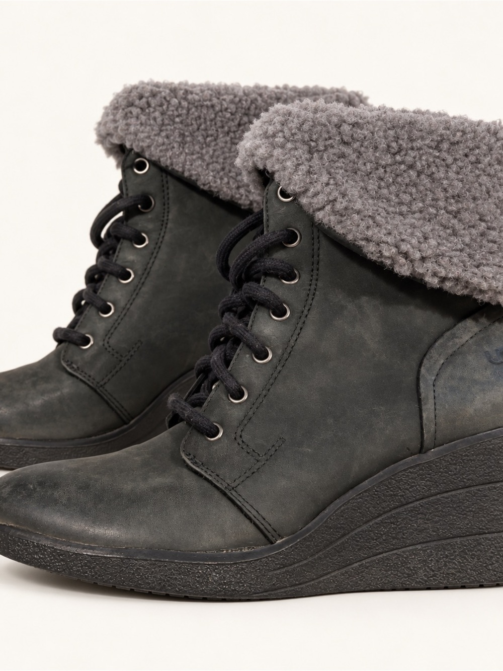 UGG Gray Lace-Up Wedge Ankle Boots with Sherpa Collar